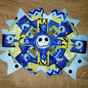 Handmade blue and yellow Jack Skellington hair bow